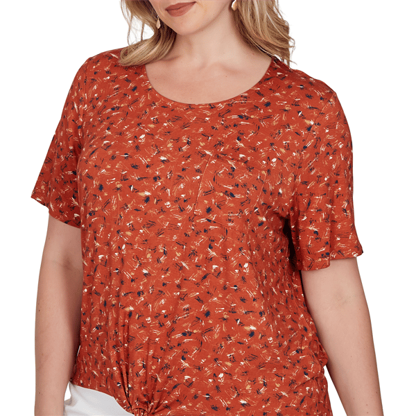 Plus Size Emaline Key Items Short Sleeve Abstract Tie Hem Blouse