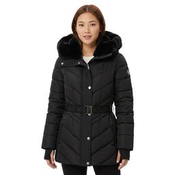 Womens Michael Kors Belted Puffer Coat with Faux Fur Collar