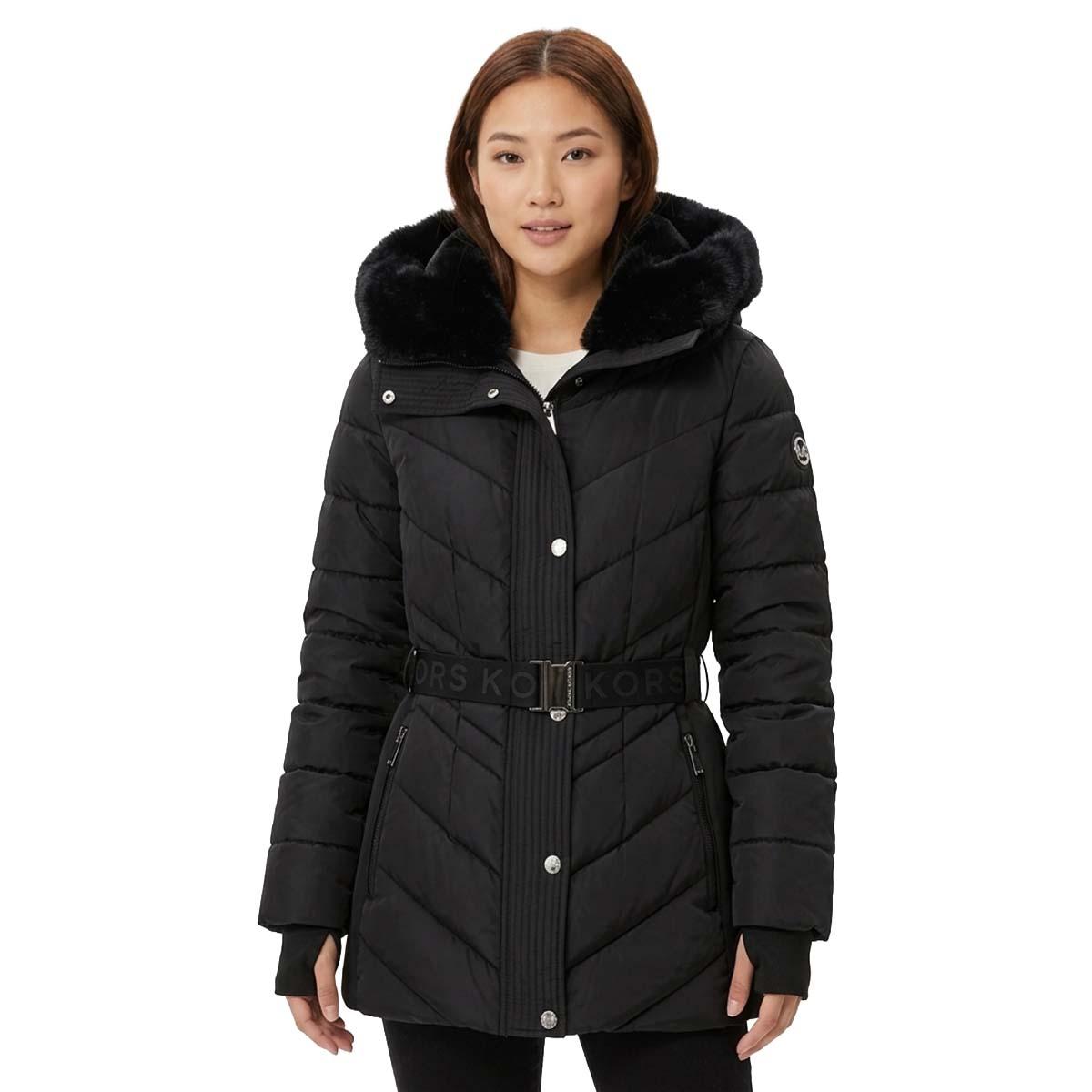 Womens Michael Kors Belted Puffer Coat with Faux Fur Collar