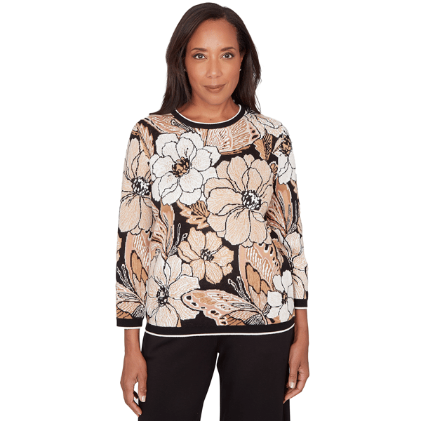 Petites Alfred Dunner Seville Jacquard Floral Butterfly Sweater - image 