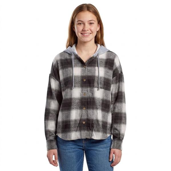 Juniors No Comment Hooded Oversized Plaid Flannel Shirt- Black