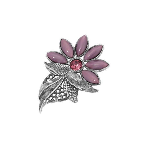 1928 Silver-Tone Purple Moonstone Flower Brooch - image 