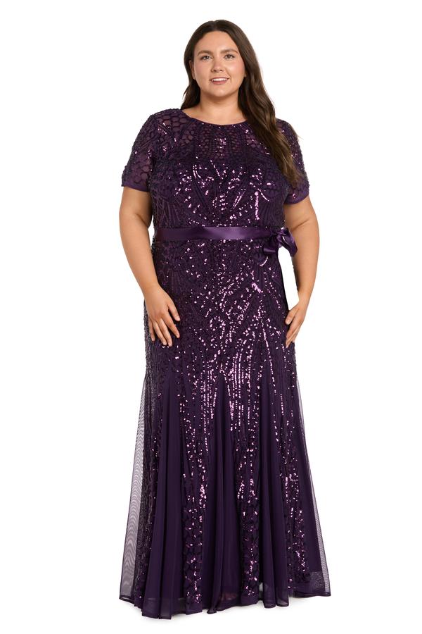 Plus R&M Richards Short Sleeve Lace Sequin Belted Evening Gown - image 