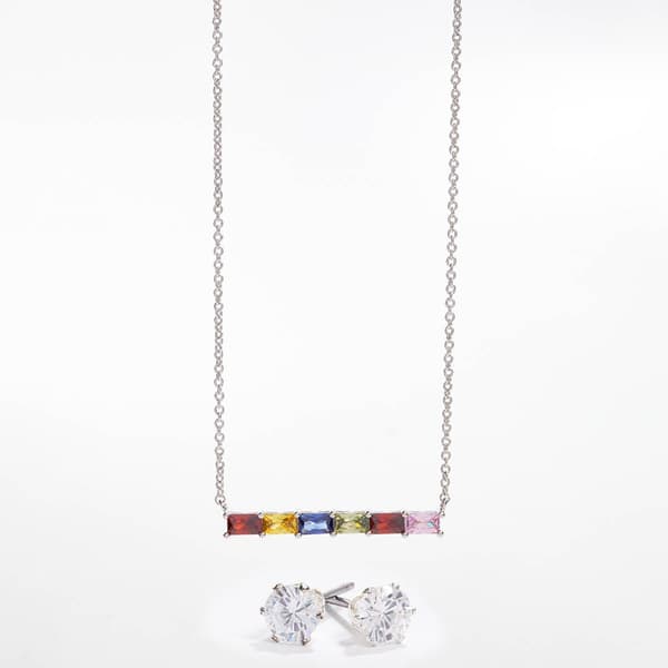 Silver-Tone CZ Rainbow Bar Necklace & Earring Set - image 