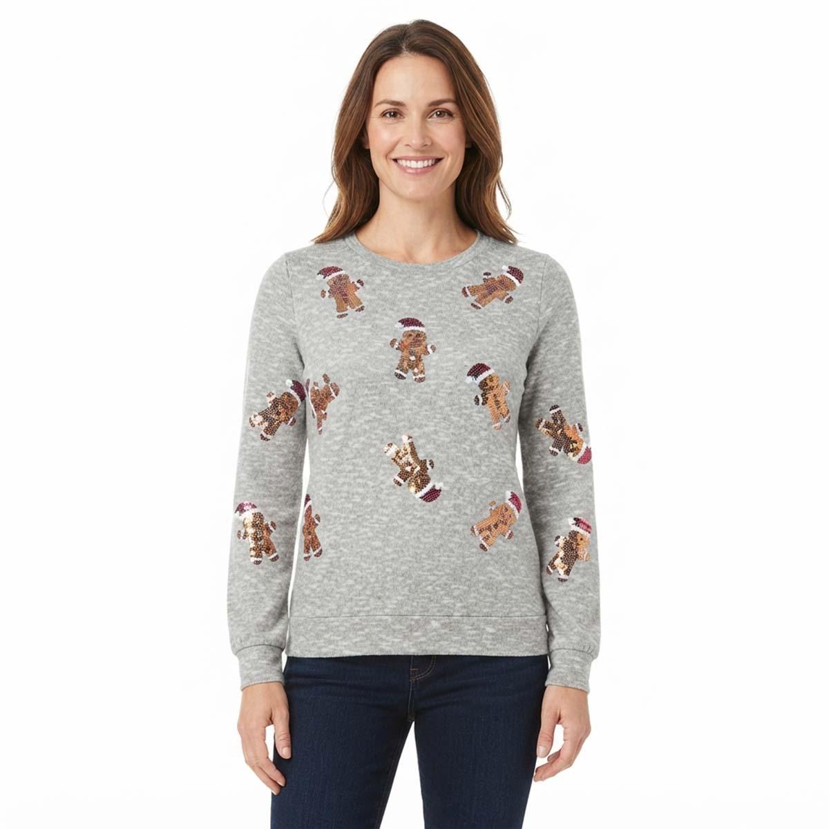 Womens Tru Self Long Sleeve Sequin Gingerbread Sweater