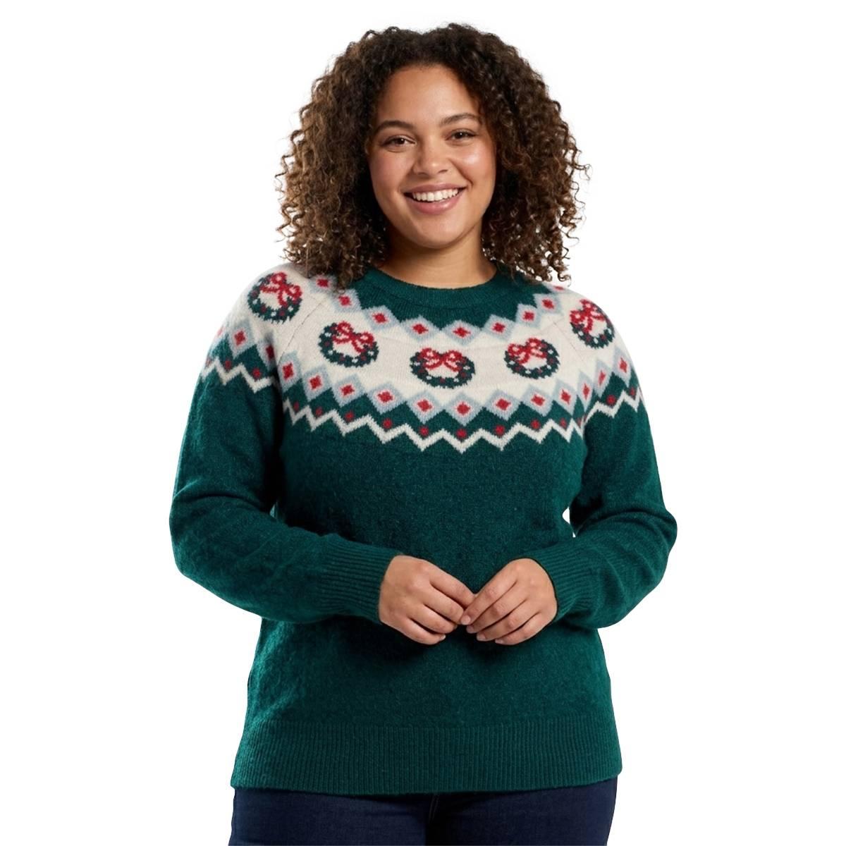 Plus Size Hanna & Gracie Long Sleeve Fair Isle Wreath Sweater