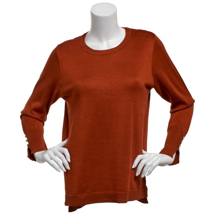 Plus Size Retrology Crew Neck Button Sleeve Side Slit Sweater