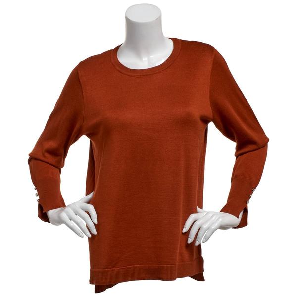 Plus Size Retrology Crew Neck Button Sleeve Side Slit Sweater