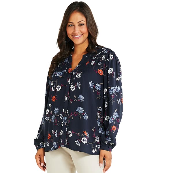 Womens Erika Laura Floral Smocked Yoke Button Down Blouse - image 