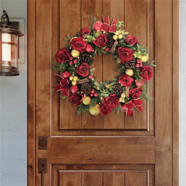 Puleo International Pre-Lit Red Adorned Christmas Wreath