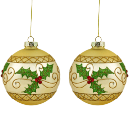 Northlight 2pk. Holly & Berries Christmas Glass Ball Ornaments