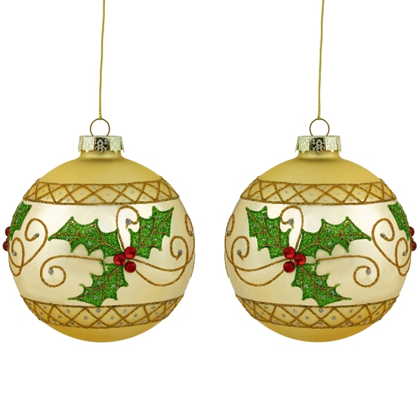 Northlight 2pk. Holly & Berries Christmas Glass Ball Ornaments
