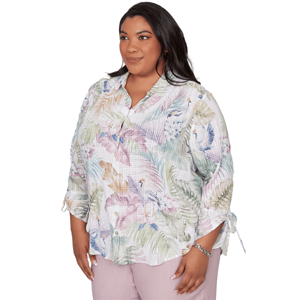 Plus Size Alfred Dunner Vintage Charm Tie Sleeve Tropical Blouse