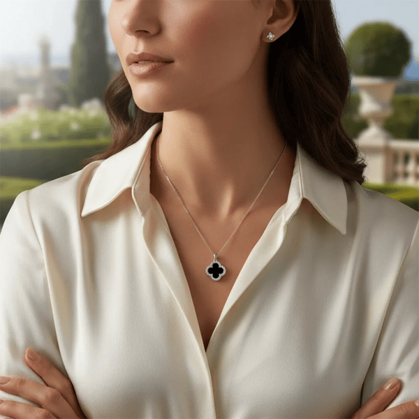 Saffron Black Clover Pendant with Moissanite Halo Necklace