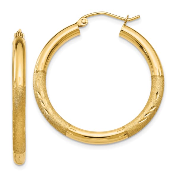 Gold Classics&#40;tm&#41; 14kt. Satin Diamond Cut 30mm Hoop Earrings - image 