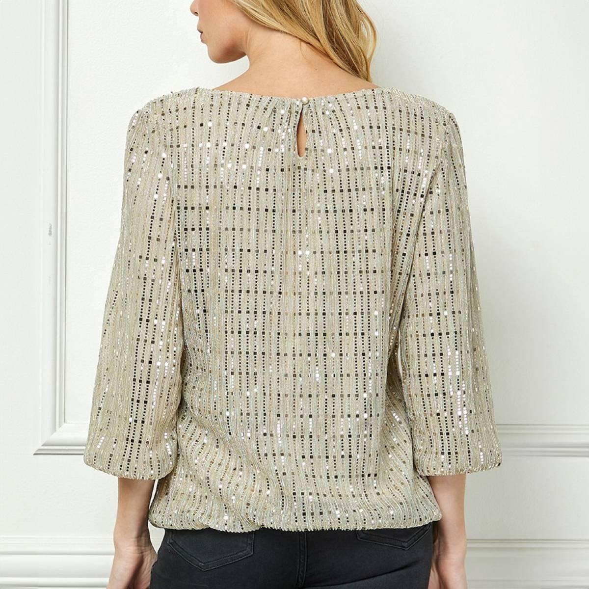 Womens Sara Michelle 3/4 Sleeve Bubble Hem Sequin Blouse