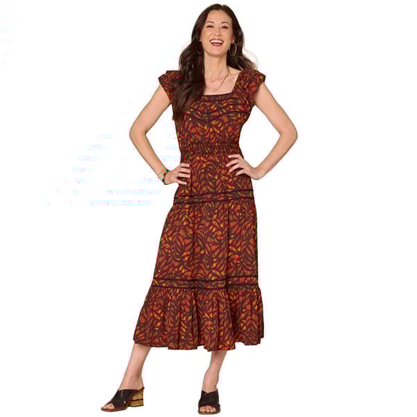 Womens Democracy Cap Sleeve Square Neck Ruffle Leaf Midi Dress - image 
