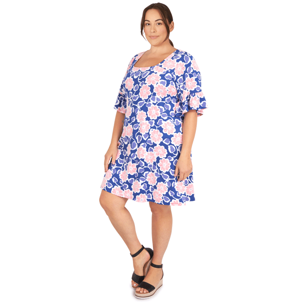 Plus Size Larky Lark 3/4 Ruffle Sleeve Daisy Daze Shift Dress