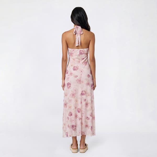 Juniors Pink Rose Floral Mesh Empire Waist Halter Midi Dress-Rose