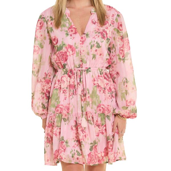 Womens Absolutely Famous Long Sleeve Floral Tier Midi Dress