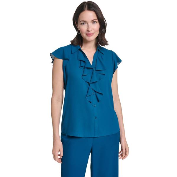 Plus Size Calvin Klein Short Sleeve Ruffle Trim V Neck Solid Blo - image 