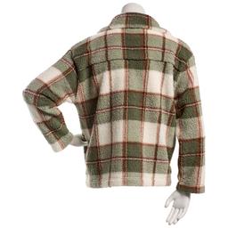 Juniors Pink Rose Plaid Sherpa Zip Front Jacket- Olive