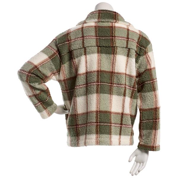 Juniors Pink Rose Plaid Sherpa Zip Front Jacket- Olive