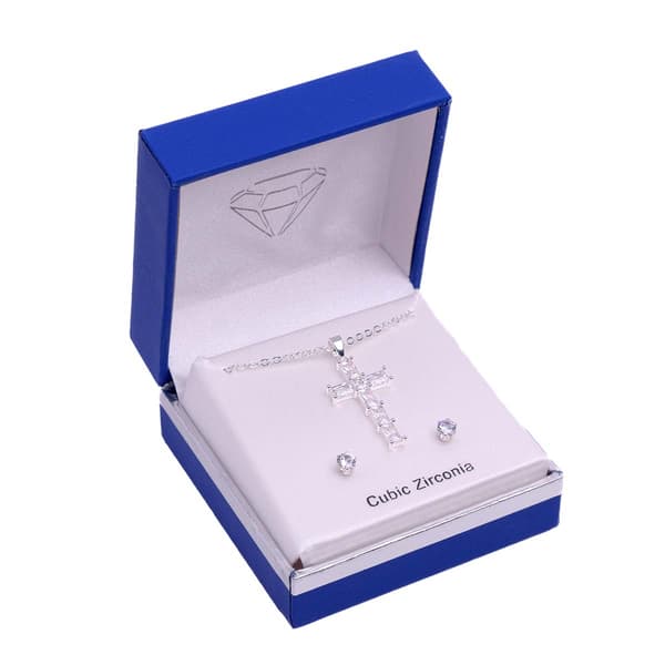 Silver-Tone CZ Cross Pendant Necklace & Round Earrings Set - image 