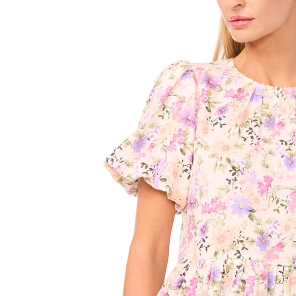 Womens Cece Short Puff Sleeve Floral Garden Peplum Blouse