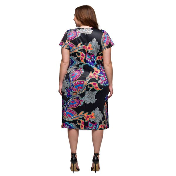 Plus Size 24/7 Comfort Apparel Black Paisley Faux Wrap Dress