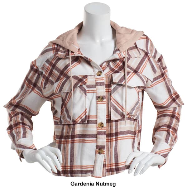 Juniors No Comment Carly Flannel Plaid Button Front Hoodie Jacket