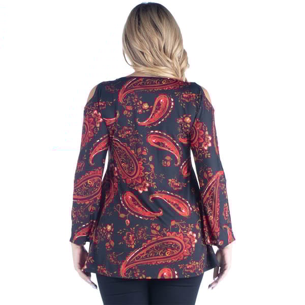 Plus Size 24/7 Comfort Apparel Red Paisley Cold Shoulder Tunic