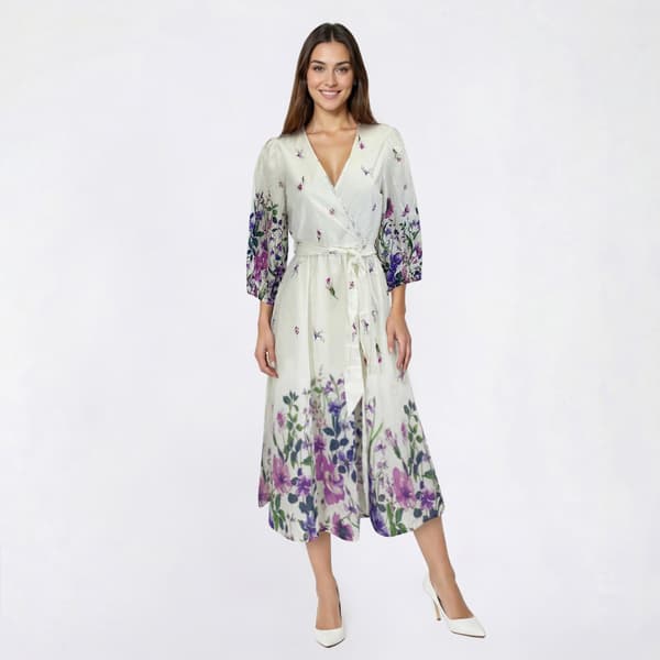 Womens Harlow & Rose Long Sleeve Floral Surplice Neck Midi Dress - image 