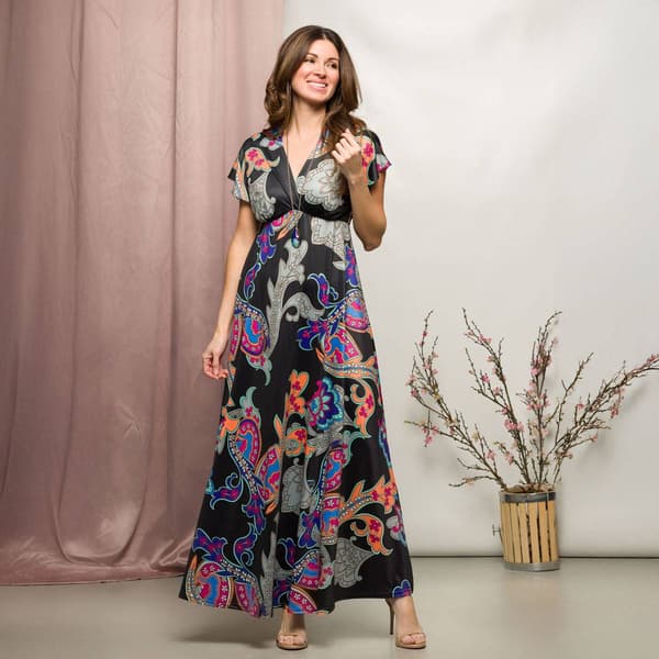 Womens 24/7Comfort Apparel Black Paisley Empire Waist Maxi Dress