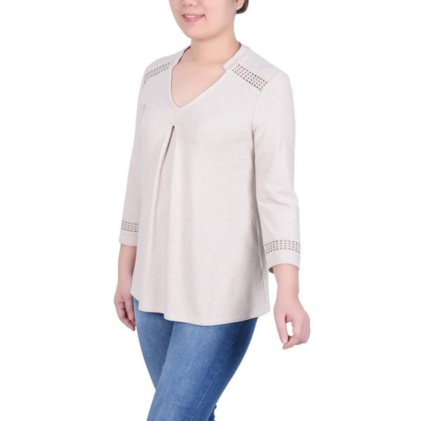 Womens NY Collection 3/4 Sleeve Split Neck Crochet Trim Blouse