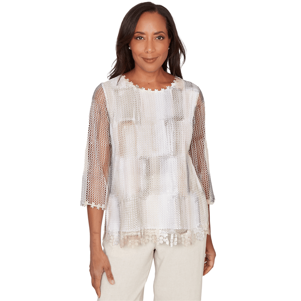 Womens Alfred Dunner Natural Wonder Neutral Brushstrokes Mesh Top - image 