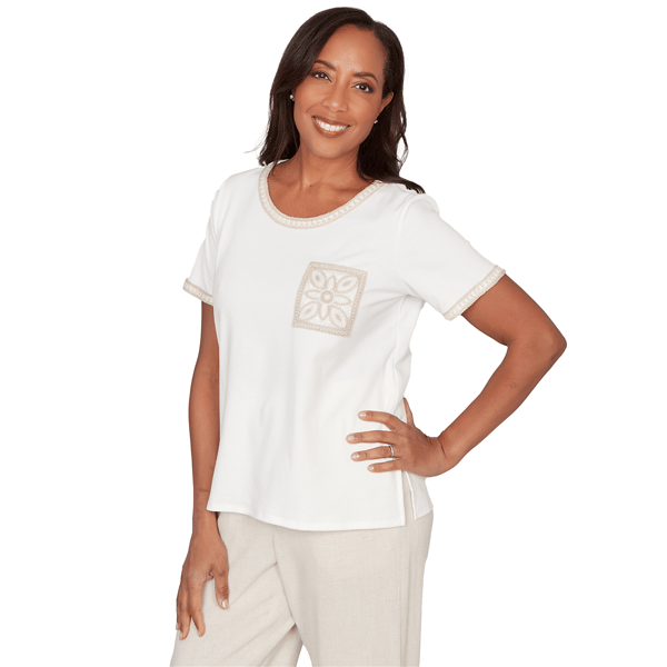 Womens Alfred Dunner Natural Wonder Crochet Pocket Tee