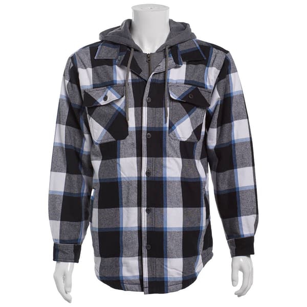 Mens Smith''s Sherpa Lined Flannel Shirt Jacket - Black/White/Blue