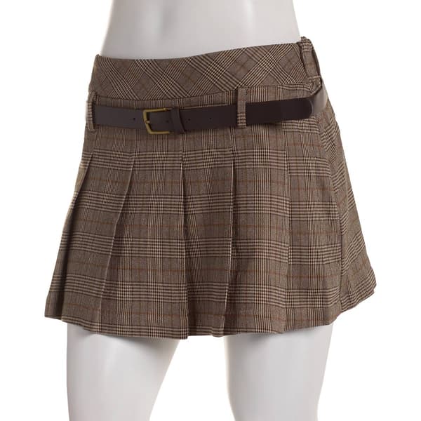Juniors Hunter & Brown Pleated Plaid Skirt with Belt - image 