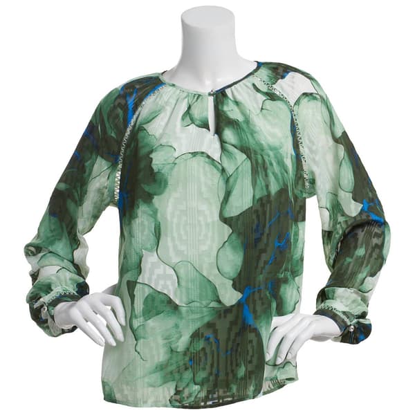 Womens Zac & Rachel Long Sleeve Watercolor Chiffon Blouse