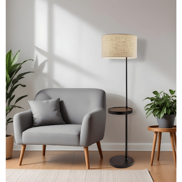 HomeRoots 64in. Beige & Black Tray Table Floor Lamp