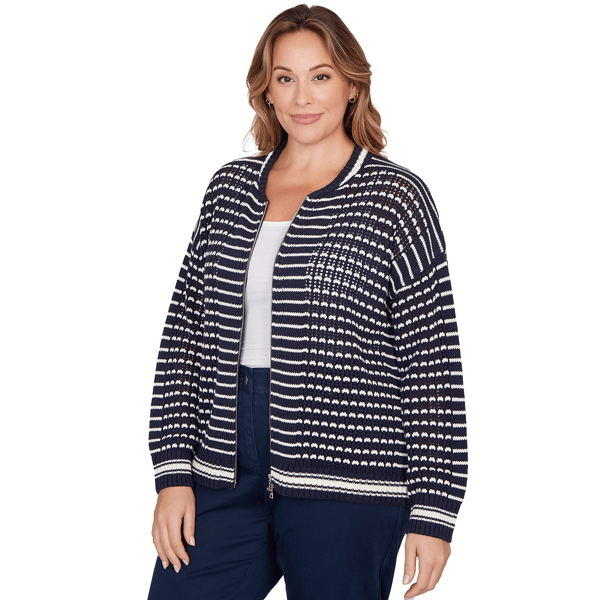 Plus Size Ruby Rd. Jetsetter Stripe Stitch Knit Bomber Jacket