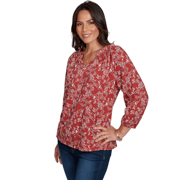 Petite Ruby Rd. Romance On The Ranch Ruffle Neck Floral Blouse