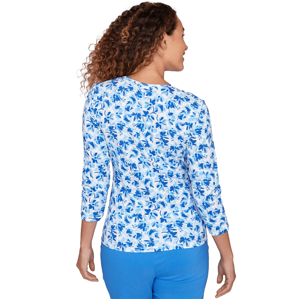 Petite Hearts of Palm Embraceable Blue Floral Surplice Blouse
