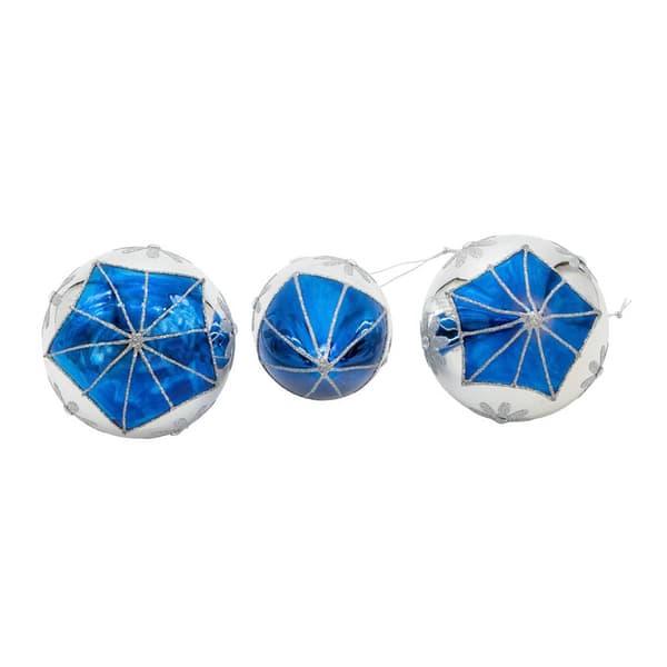 Kurt Adler 80MM Glass Blue Snowflake Ball 3pc. Ornaments Set