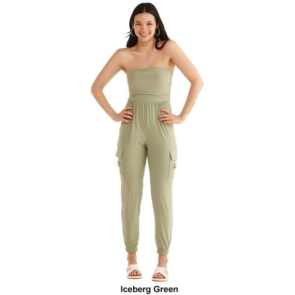 Juniors No Comment Ruched Tube Top Cargo Jumpsuit