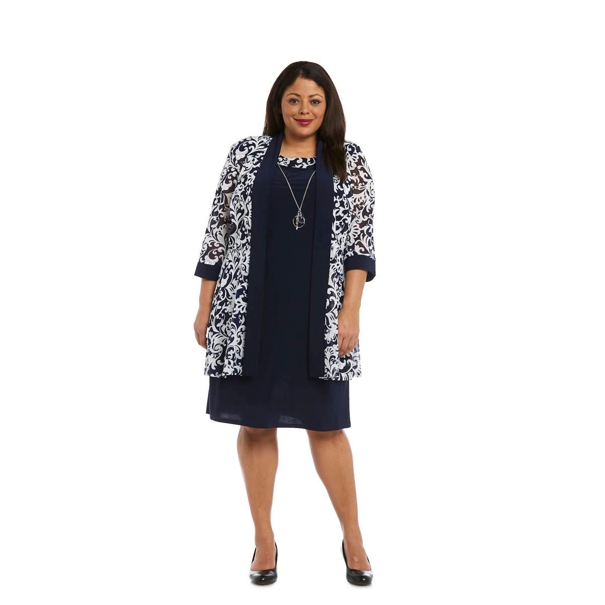 Plus Size R&M Richards 2pc. Puff Floral Jacket Dress - Navy