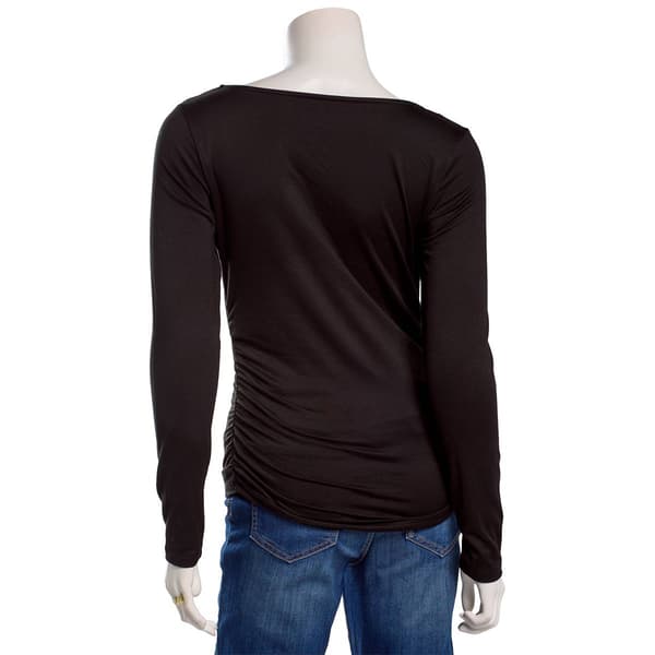 Juniors No Comment Long Sleeve Side Ruched Lined Top- Solid