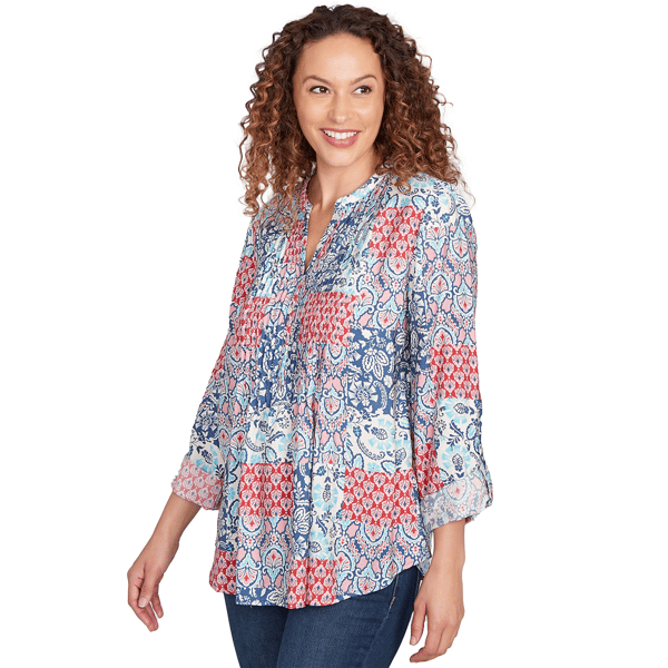 Petite Ruby Rd. Indigo Go Pintuck Patchwork Henley Blouse