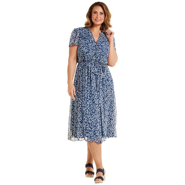 Plus Size MSK Short Sleeve Floral Chiffon Pintuck Midi Dress - image 